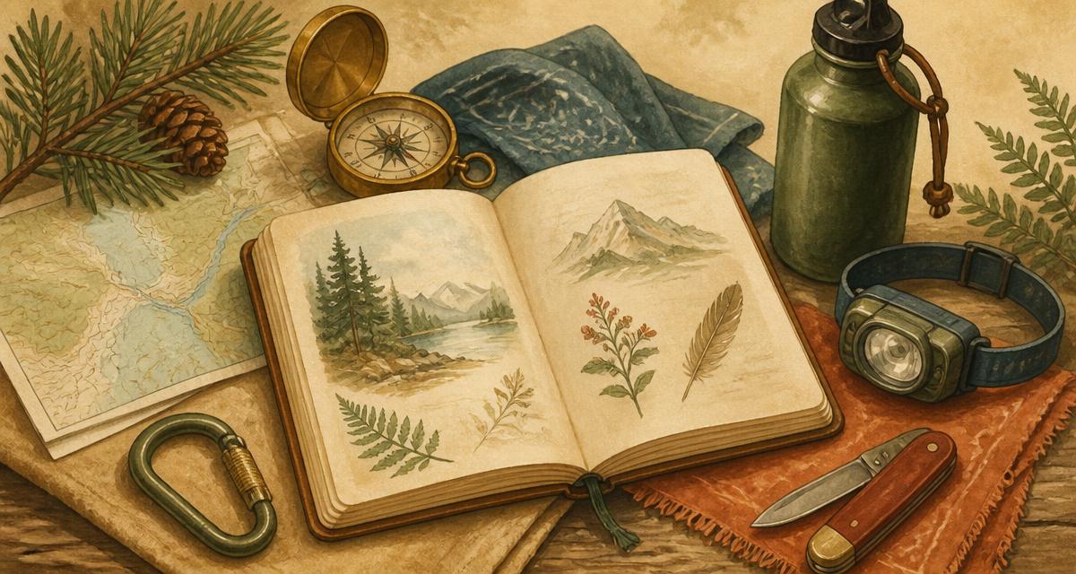 An open field guide notebook surrounded by a compass, map, water bottle, headlamp, carabiner, pocket knife, pine sprigs, and pressed leaves on a warm wooden surface.