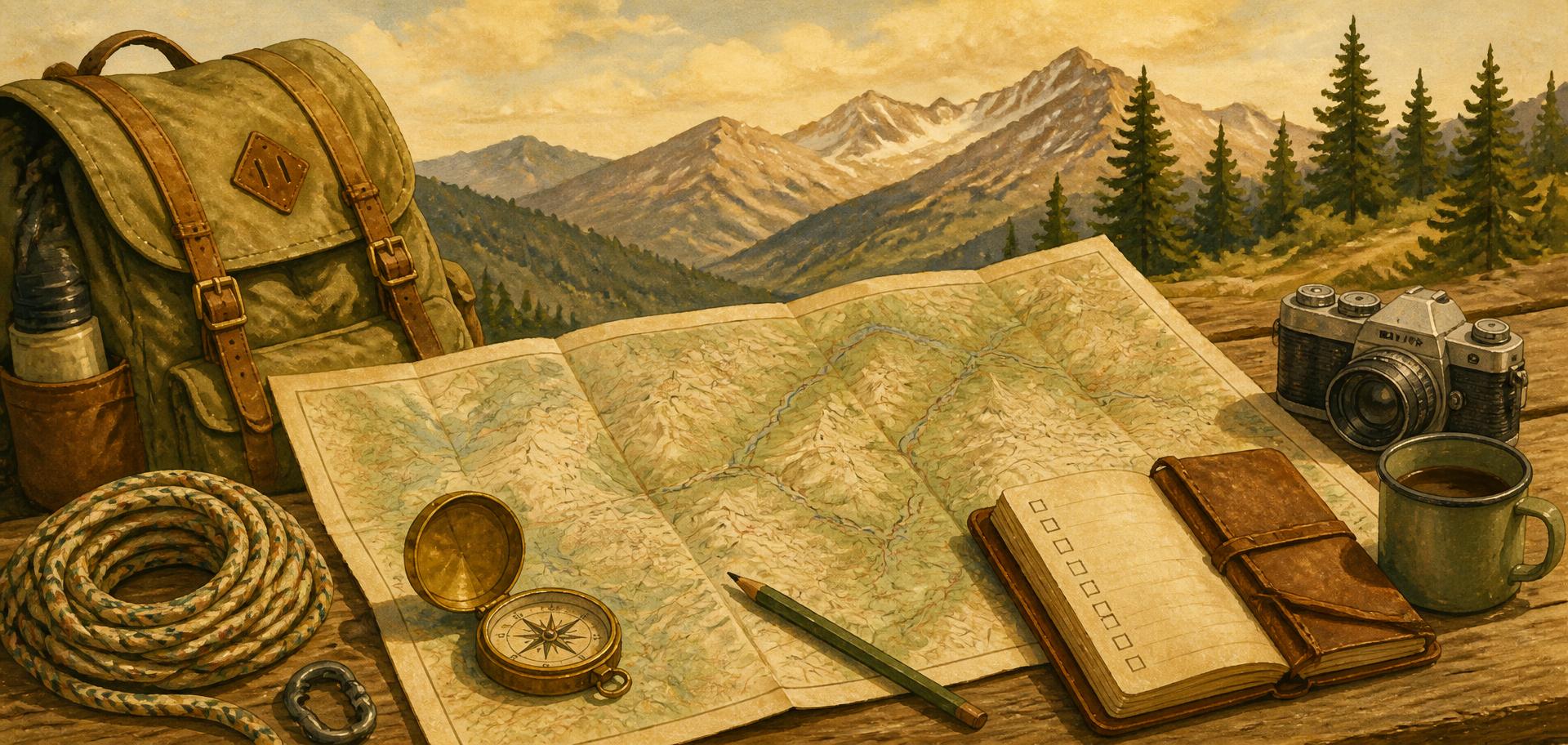An expedition planning table with an open topographic map, brass compass, notebook, canvas backpack and coiled rope in front of painted mountains.