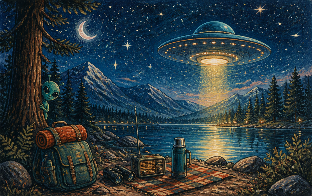 A playful alien arrival watched from a cozy prepared home with snacks, maps and camping supplies