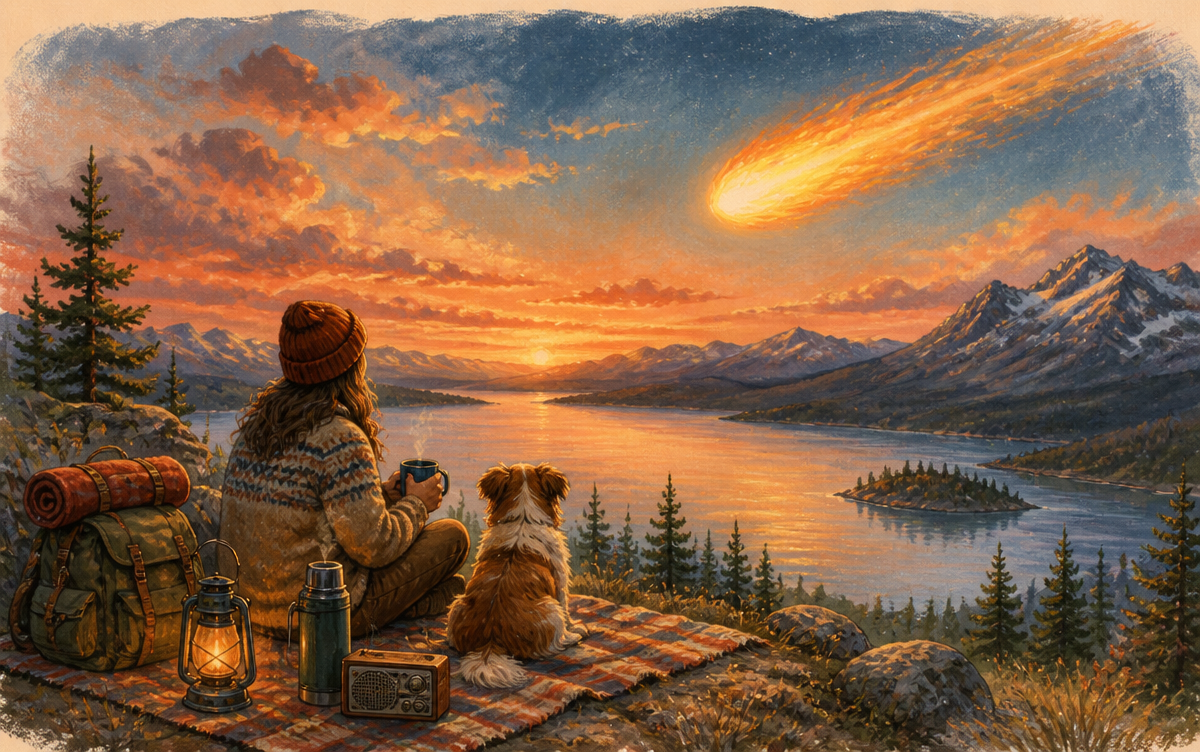 A whimsical night-sky asteroid scenario with friends gathered safely among camping and emergency supplies