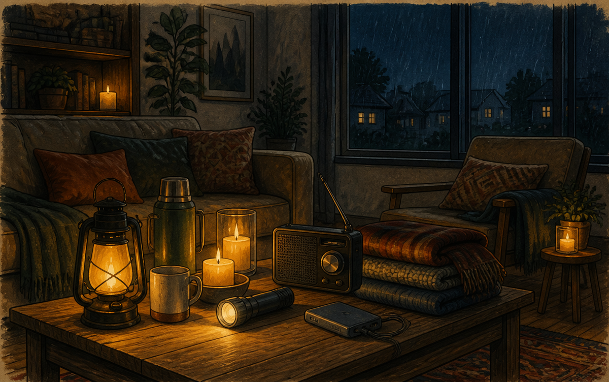 A family calmly spending a power cut evening with lanterns, blankets, a radio and a warm meal