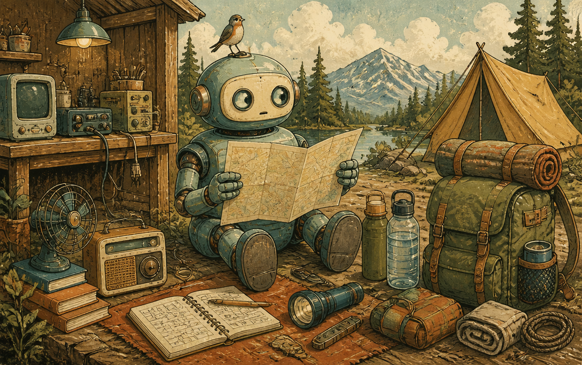Friendly household robots causing comic mischief while people calmly organize practical supplies