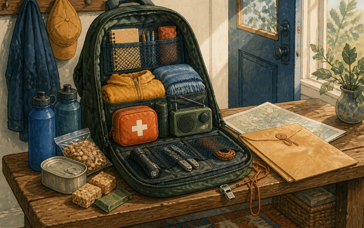 A well-organized 72-hour emergency bag surrounded by water, food, first aid and practical supplies
