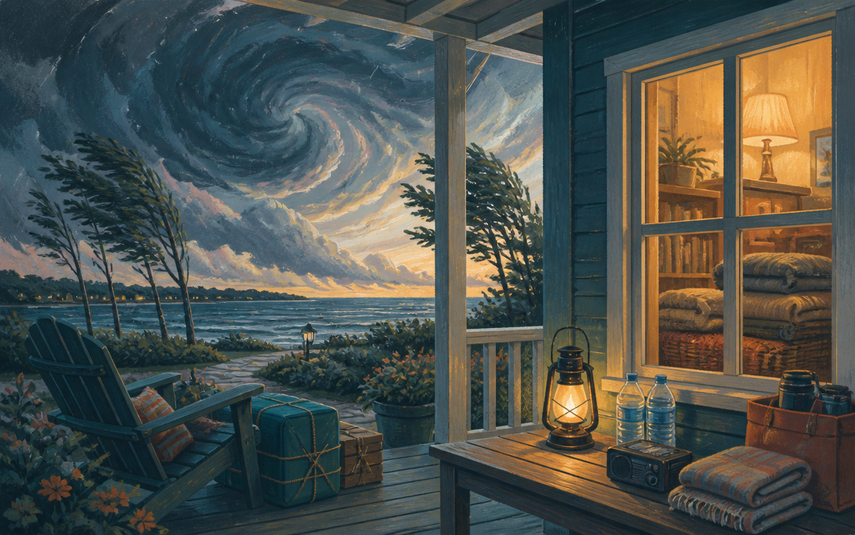 A cozy household safely prepared indoors for a major storm with supplies, radio and secured windows