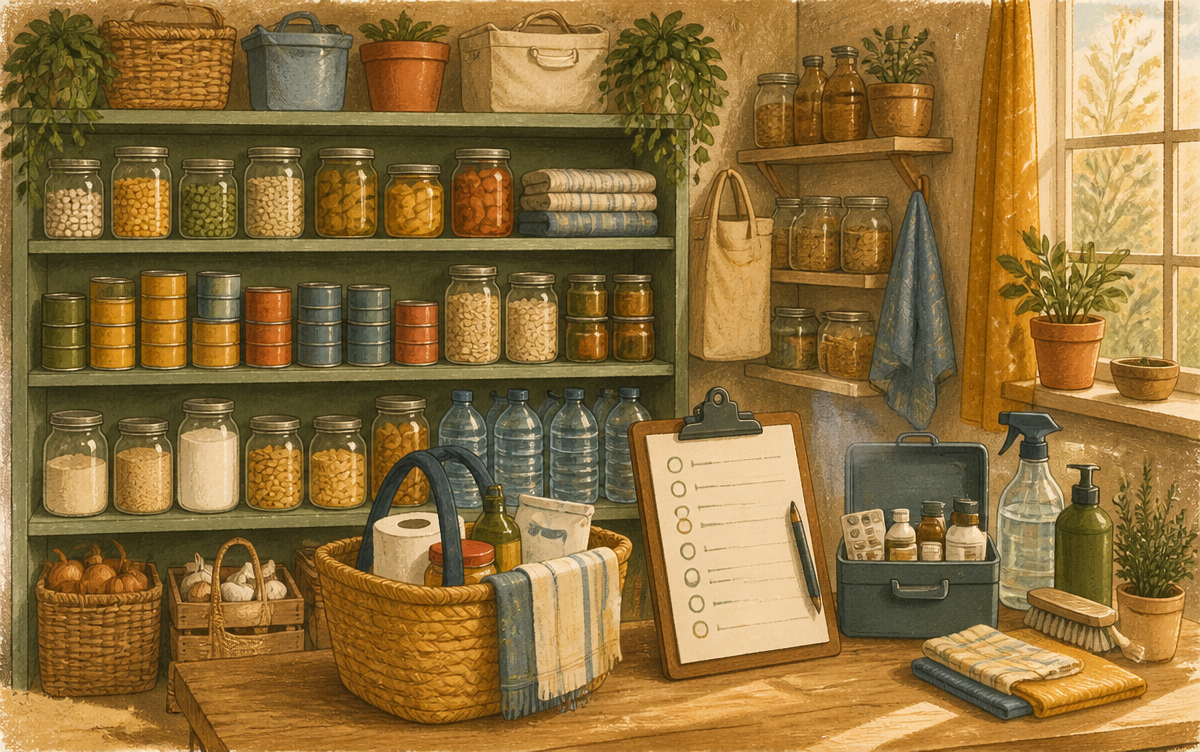 A calm, well-stocked home cupboard with ordinary food, water, medicine and household essentials