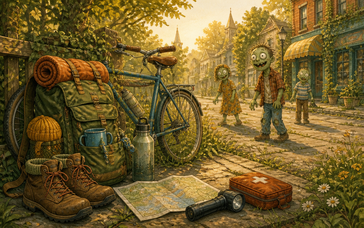 A humorous, friendly zombie preparedness scene with ordinary supplies and a cheerfully packed backpack