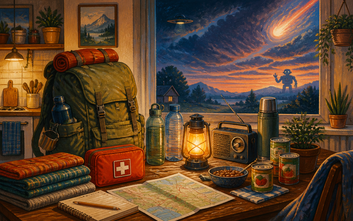 A cozy preparedness room with packed supplies, maps, a radio and a bright landscape beyond the window