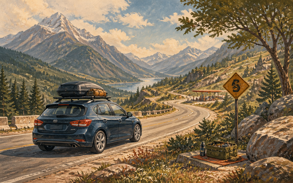 Packed car on an open country road with luggage, a road sign and maintenance supplies