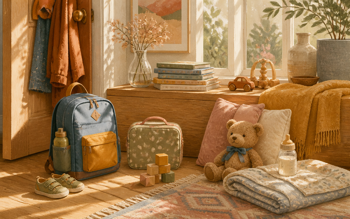 Warm family preparation scene with a backpack, books, teddy bear, baby supplies and building blocks