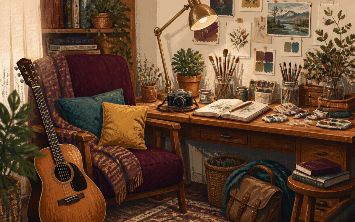 Cozy creative workspace with a camera, guitar, paintbrushes, sketchbook and art supplies