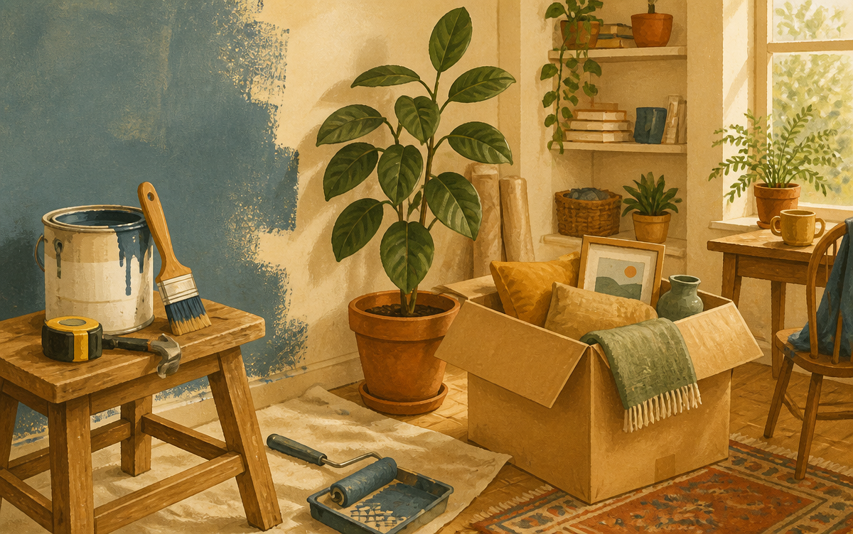 Welcoming home project with paint, tools, moving boxes and a leafy houseplant