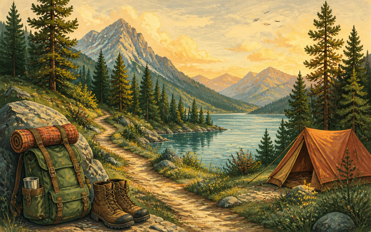 Hikers following a sunlit mountain trail past a forest campsite and blue lake