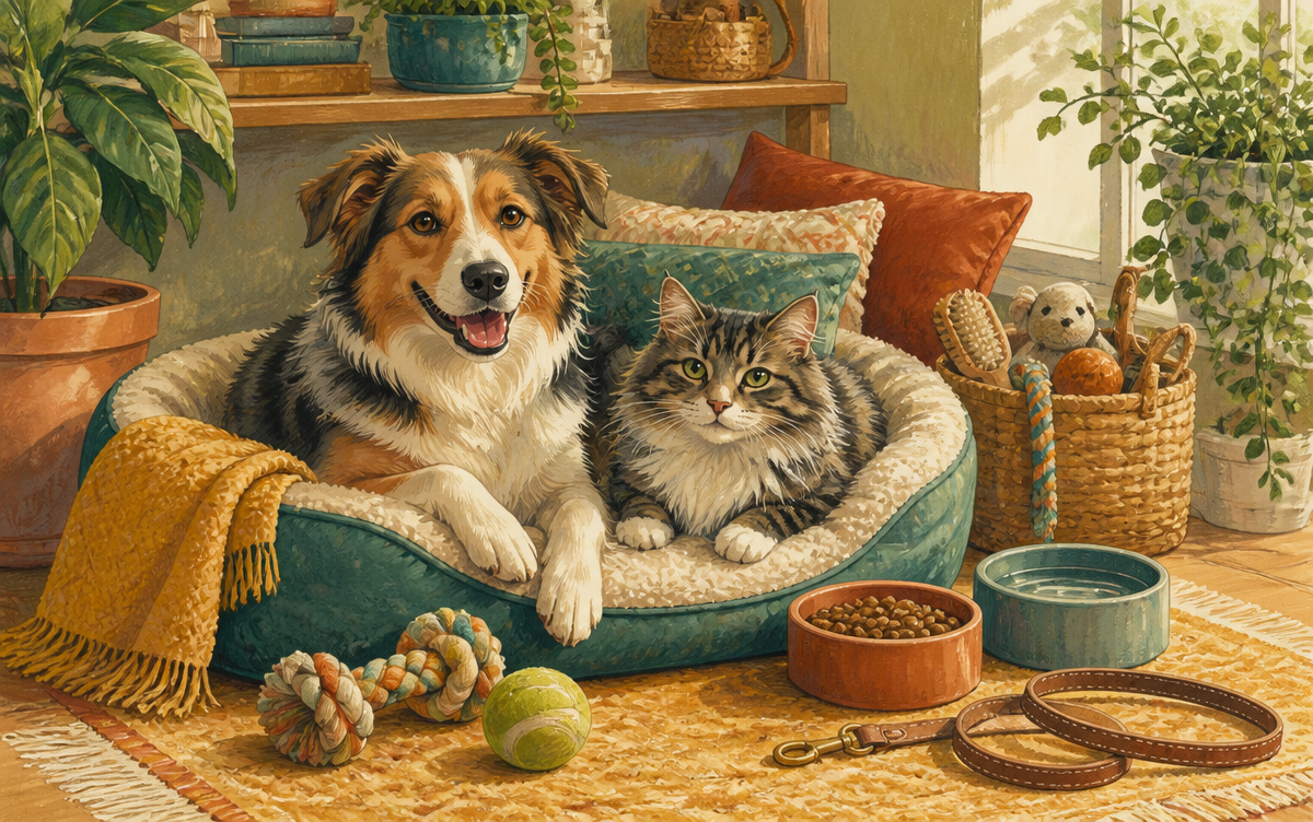 Friendly dog and cat at home with toys, food bowls, a soft bed and pet supplies