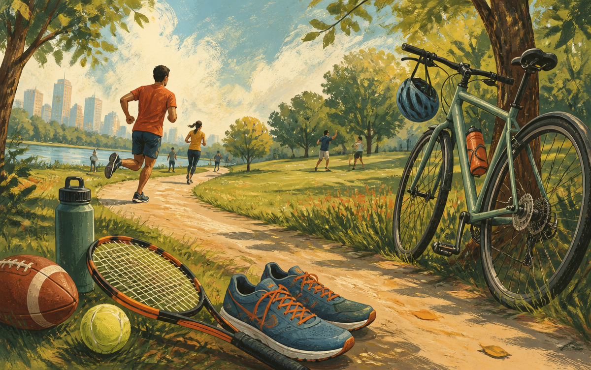 Lively park filled with cycling, racket sports, a football, running shoes and a water bottle