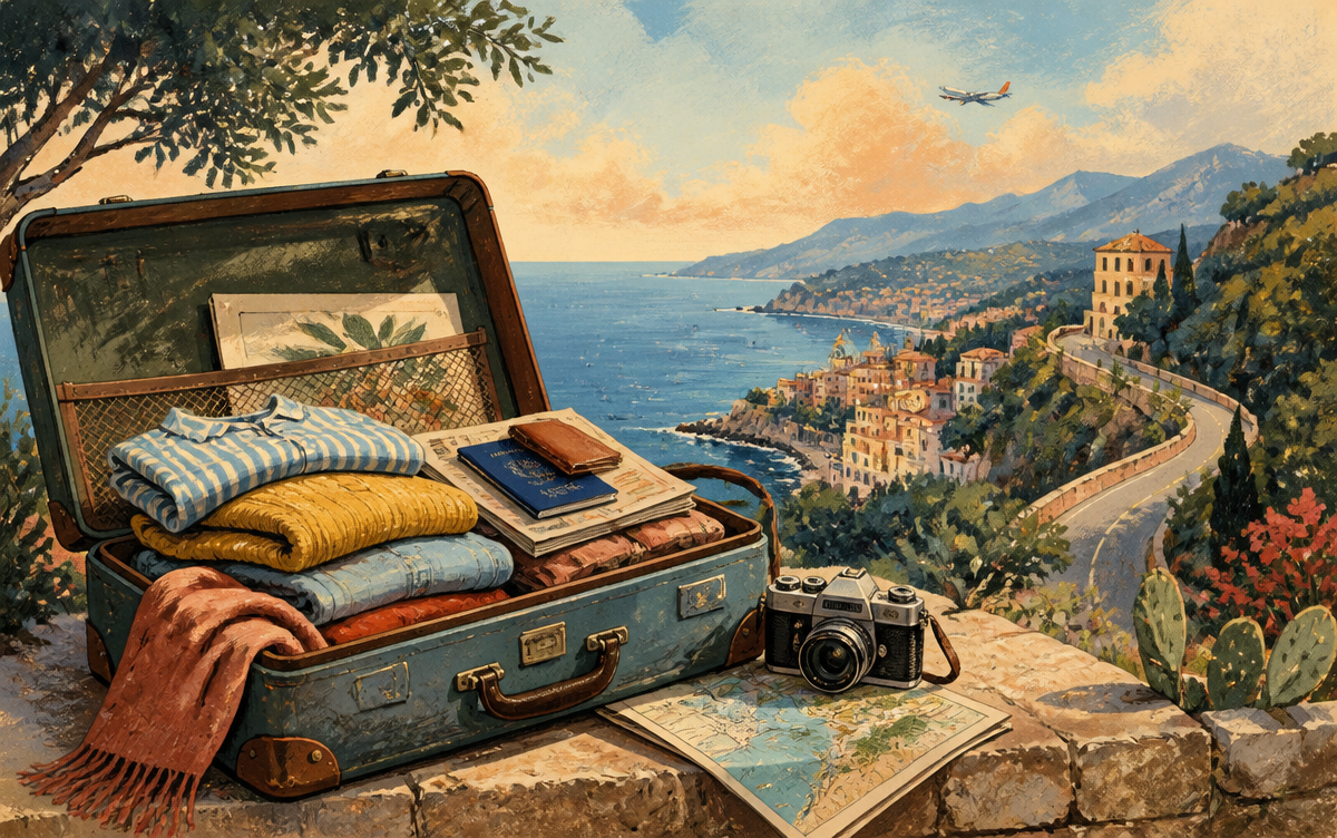 Traveller planning a journey with a suitcase, camera, map and travel documents beside a distant airplane