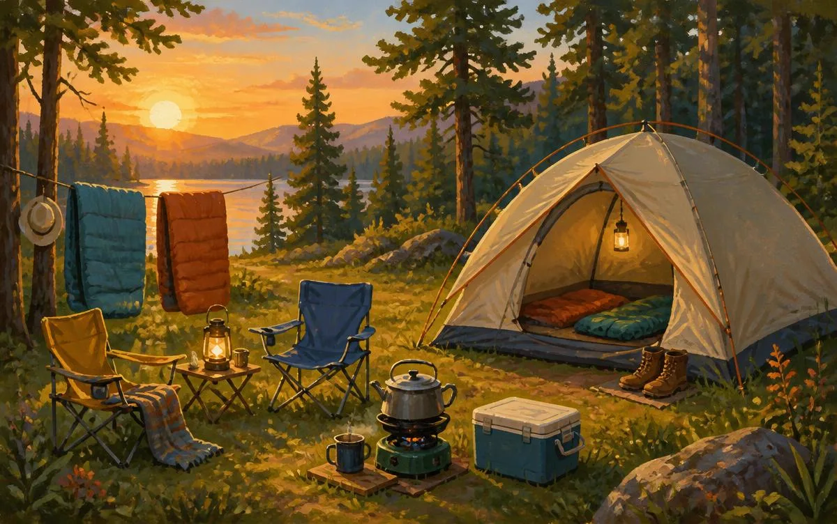 A warm illustrated campsite at golden hour with a tent, sleeping bags airing, camp stove, chairs and a lantern beside a forest lake