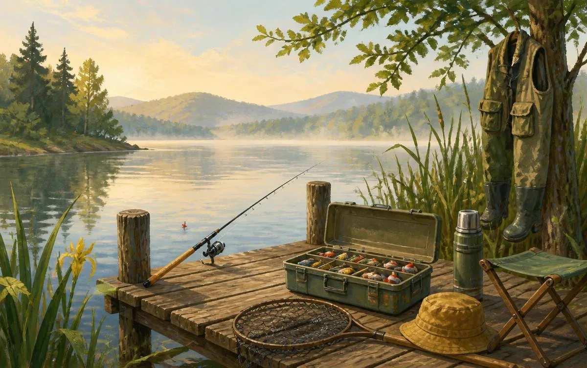A calm illustrated lakeside jetty at morning with a fishing rod, open tackle box, landing net, waders and a folding stool