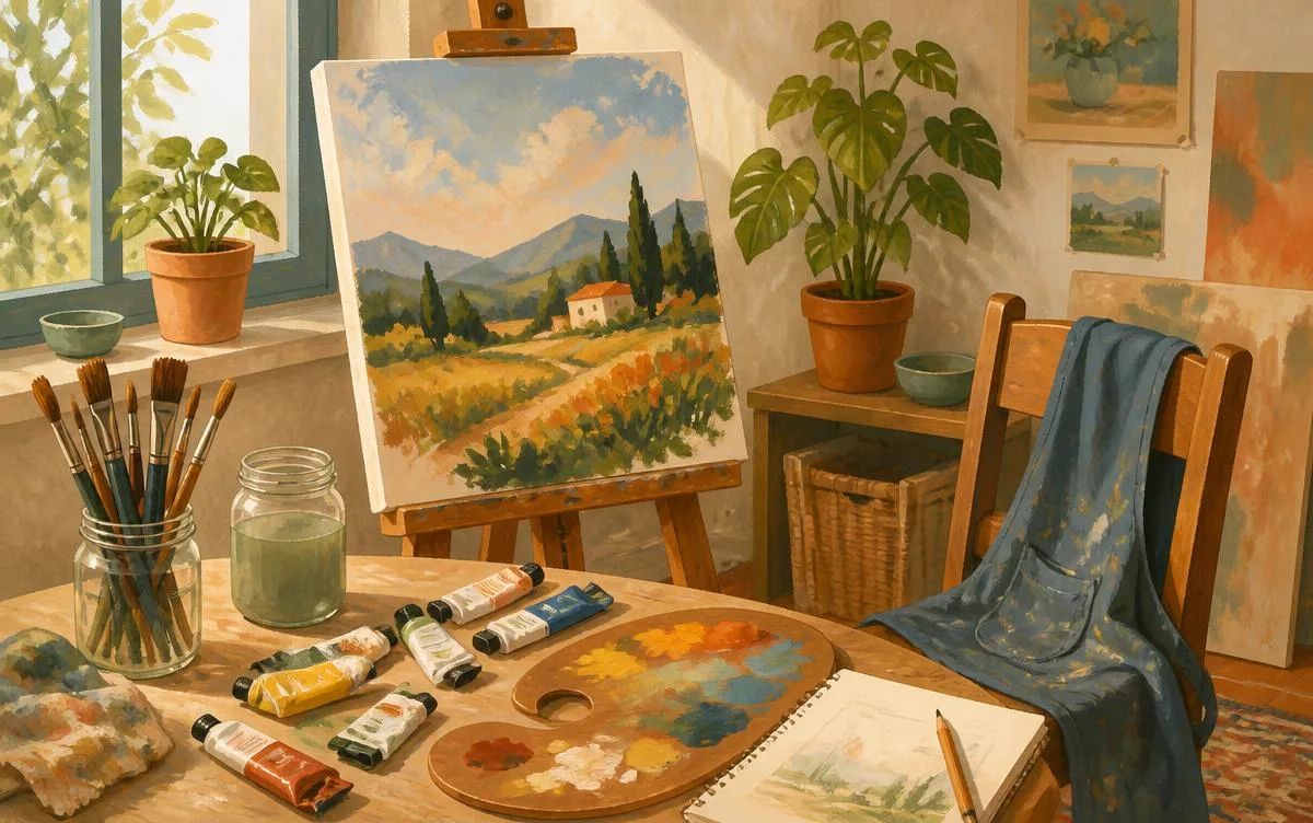 A bright illustrated painting corner with an easel and half-finished landscape, paint tubes, brushes in a jar, palette and apron