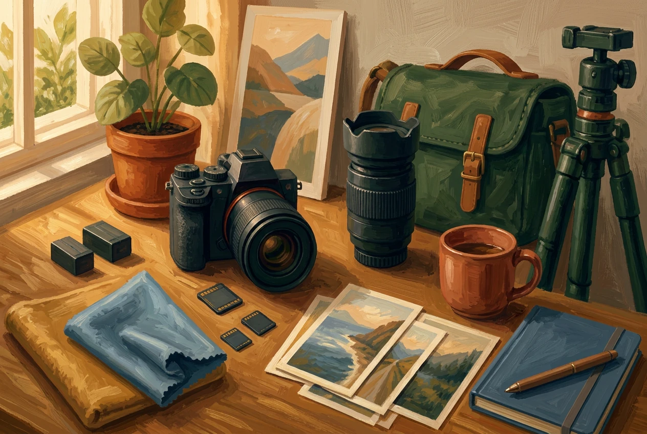 A warm illustrated photography desk with a mirrorless camera, second lens, tripod, memory cards, camera bag and printed photographs