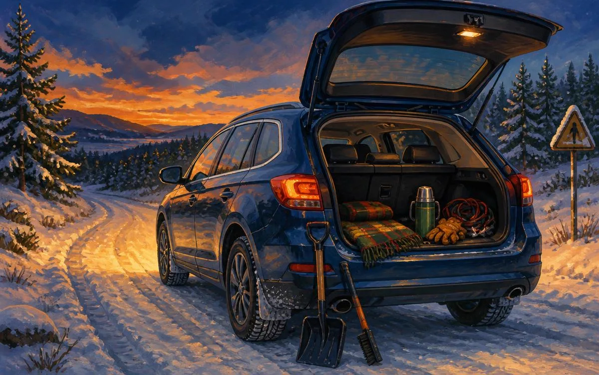 A calm illustrated winter road at dusk with a car on winter tyres, open boot holding a blanket, flask, jumper cables and a snow shovel